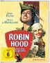Text: "Errol Flynn", "Olivia de Havilland", "Robin Hood", "König der Vagabunden", "FSK ab 6", "2-Disc-Blu-ray-Set". Illustration mit fröhlichen Menschen in mittelalterlicher Kleidung., 2 Blu-ray Discs