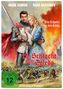 Poster mit Text: "Ein Schwert für den König", "Die Schlacht von Toledo". Zwei Personen, Ritter und Frau, vor brennender Kulisse., DVD