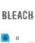 Text: "BLEACH", "01", "FSK ab 16 freigegeben". Minimalistisches Design mit schwarzem Text auf weißem Hintergrund., 12 Blu-ray Discs