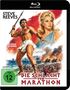 "STEVE REEVES", "DIE SCHLACHT VON MARATHON", "FSK ab 12 freigegeben". Illustration: Krieger mit Speer und Frau, Schlacht im Hintergrund., Blu-ray Disc