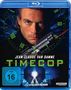 "Jean-Claude Van Damme, Timecop, FSK ab 16 freigegeben, Ein Film von Peter Hyams". Mann mit Waffe und Uhr im Hintergrund.