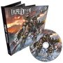 "Death Dealer" und "Reign of Steel" auf CD und Cover. Illustration mit Kampfrobotern und Kriegern vor brennendem Himmel., CD
