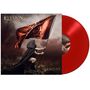 Titel: "ELYSION", darunter "IDENTITY". Eine Figur hält eine rote Flagge, im Hintergrund dunkle Wolken. Rote Vinylplatte., LP