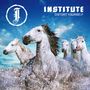 Oben rechts: "INSTITUTE DISTORT YOURSELF". Ein Logo und fünf weiße Pferde rennen durch Wasser., 2 LPs