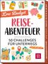 "Low Budget Reise-Abenteuer: 50 Challenges für unterwegs." Verschiedene Illustrationen wie Rucksack, Karte, Kompass, Kamera.