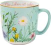 „Das Leben ist schön“ in rosa Schrift auf einer pastellblauen Tasse mit bunten Blumenillustrationen., Diverse