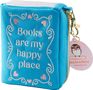 "Books are my happy place" auf einer blauen Tasche mit Herzen und Schnörkeln, daran ein goldener Karabiner., Diverse
