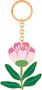 Schlüsselanhänger mit einer Illustration einer rosa Blume und grünen Blättern, befestigt an einem goldenen Ring., Diverse