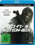 Oben: "3 FANTASTISCHE SCI-FI-HITS AUF 3 BLU-RAYS!", Filme: "Coma", "Guardians", "Weltengänger". Mann mit Kapuze und Waffe., 3 Blu-ray Discs