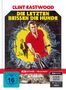 Text oben: "CLINT EASTWOOD". Titel: "DIE LETZTEN BEISSEN DIE HUNDE". Illustration: Mann in Rot mit Waffe durch Loch.