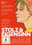 „Stolz & Eigensinn“, ein Film von Gerd Kroske. Zitate von MDR Kultur, Deutschlandfunk, Radio Eins. Profil einer Frau im Stil einer Illustration.
