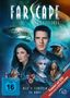 Text: "Farscape Komplettbox. Alle 5 Staffeln, 34 DVDs. Premiere auf DVD: Staffel 4 erstmals mit DEUTSCHER SYNCHRO."
Beschreibung: Science-Fiction-Illustration mit Raumschiff und Charakteren vor einem Weltraumhintergrund., 34 DVDs