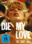 „DIE MY LOVE“ und „FSK ab 16 freigegeben“. Porträt einer Frau mit geschlossenen Augen und flatternden Konfetti., DVD