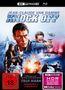 Oben: "Jean-Claude Van Damme, Knock Off". Großes Porträt eines ernsthaften Mannes in einer Actionszene mit Explosionen., 1 Ultra HD Blu-ray und 1 Blu-ray Disc