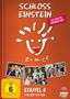 „Schloss Einstein: Die Dritte Generation“. Staffel 4, Folgen 117-168. Drei Fotos von Jugendlichen. Orange Hintergrund.