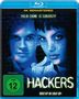 "4K REMASTERED", "THEIR CRIME IS CURIOSITY", "FSK ab 12 freigegeben", "HACKERS", "BOOT UP OR SHUT UP!". Zwei Gesichter, blau beleuchtet.