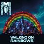 Text: "MECHANICAL HORIZON," "WALKING ON RAINBOWS." Eine futuristische Stadt unter einem leuchtenden Regenbogen.