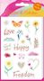 "Sticker & Etiketten", "100 Sticker", "Love", "Good vibes", "Happy", "Freedom". Illustration mit Blumen und Schmetterlingen.