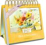 Kalender 2027 "Blick in den Garten". Illustration: Blumenstrauß mit Bienen, in Gelb und Rosa. Spiralförmige Bindung.