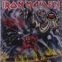 Text: "IRON MAIDEN", "The Number of the Beast", "1982". Illustration: Monster und Teufel, Feuer im Vordergrund., LP