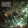 Logo: "Dehuman Reign". Text: "Dawn of a Malevolent Dominion". Illustration: Fantasiegestalten in einem chaotischen Kampf., LP