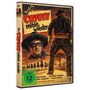 „Der Coyote reitet wieder“ ist prominent zu sehen. Darunter ein maskierter Mann, Cowboys im Hintergrund. Abenteuerfilm-Design., DVD
