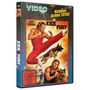 „Kick & Fury“, „Kickbox-Action TOTAL!“, „Nicht freigegeben unter 18 Jahren“. Mann im Sprung, aggressive Pose, zwei Hunde., DVD