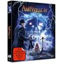 Text: „Amityville IV“, „Nicht freigegeben unter 18 Jahren gemäß §7 JÖSchG FSK“. Illustration: Unheimliches Haus, Blitze, Personen mit Kruzifixen., Blu-ray Disc