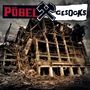 "Pöbel Gesocks" in einem destruktiven Stil. Darunter ein verwüstetes Gebäude, mit dunklem Himmel im Hintergrund., LP