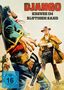 Poster mit großem Schriftzug "DJANGO: KREUZE IM BLUTIGEN SAND". Illustration zeigt bewaffnete Männer in Westernkleidung.