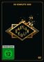 Text: "DIE KOMPLETTE SERIE", "BABYLON BERLIN", "Vorab-Cover", "FSK ab 12 freigegeben". Schwarzer Hintergrund mit goldenen Details., 15 DVDs