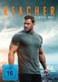 "REACHER STAFFEL DREI" in großen Buchstaben, FSK ab 16. Ein muskulöser Mann in einem grauen T-Shirt steht vor dem Meer., 3 DVDs