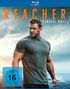 "REACHER STAFFEL DREI" in großen Buchstaben. Ein muskulöser Mann in grauem Shirt steht vor einem bewölkten Himmel. FSK 16 Logo., 2 Blu-ray Discs