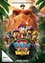 "Ein dino-starkes Abenteuer", "PAW Patrol: Der Dino Film", "Nur im Kino". Fröhliche Hundfiguren mit Dinosauriern und bunten Fahrzeugen., DVD