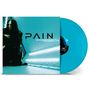 "PAIN 542 139-2 REBIRTH" in klaren Buchstaben. Eine Person in einem Raum mit blauen Neonlichtern und eine blaue Vinylschallplatte.