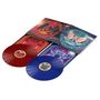Rote und blaue Schallplatten mit komplexem Artwork zeigen geflügelte Figuren in farbenfrohen, kontrastreichen Designs.