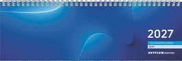 2027, TISCHQUERKALENDER, BLAU. Ein blauer Kalender mit Spiralbindung oben und geschwungenen Linien., Kalender