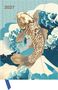 "2027" links oben. Illustration eines Karpfens, der in dynamischen blauen Wellen schwimmt., Buch