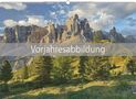 "Vorjahresabbildung" in großen Buchstaben, Alpenlandschaft mit Bäumen und massiven Felsen unter blauem Himmel., Kalender