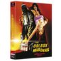 "Der Bohrmaschinen Killer" auf Deutsch, "The Toolbox Murders" auf Englisch. Illustration: Maskierter Mann mit Frauen., 1 Ultra HD Blu-ray und 1 Blu-ray Disc