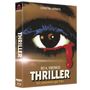 "THRILLER Ein unbarmherziger Film" steht groß. Ein blutendes Auge zeigt intensives Drama., 1 Ultra HD Blu-ray und 3 Blu-ray Discs