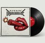 Text: "Kissin' Dynamite". Illustration: Rote Lippen halten ein brennendes Dynamitstück., LP