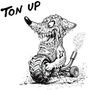 Oben links steht "TON UP". Eine Cartoon-Kreatur mit spitzen Zähnen und Blasenhaut fährt auf einem dicken Reifen, der raucht.