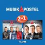 Text: "MUSIKAPOSTEL", "2 in 1 Sparset", "Puls", "Beautiful Voice (...sagte sie zu mir)". Drei Männer auf jedem Cover.