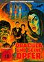 "DRACULA UND SEINE OPFER" in roten Buchstaben. Illustration: gruselige Gesichter, Flammen, Fledermäuse, Tänzerinnen., DVD