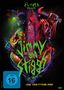Der Text enthält grüne Schrift "Jimmy and Stiggs". Darunter "Ein Joe Begos Film". Ästhetisch wild, mit Kettensäge und Neonfarben., DVD