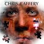 Text: "CHRIS CAFFERY" oben, "FACES" unten. Ein Gesicht mit Puzzleteilen und überlagerten Texten, surreal und rätselhaft.