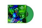 Text: "SERAINA TELLI GREEN LIVE". Grüne Schallplatte, farbenfrohe Bühnenszene mit Musikern und Pflanzenmotiven., LP