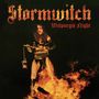 Text: "Stormwitch", "Walpurgis Night". Eine Frau in Leder mit einer Keule steht in Flammen., LP
