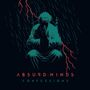 "ABSURD MINDS CONFESSIONS," ein Mann auf einem Thron, Regen fällt, roter Blitz um ihn herum, düstere Atmosphäre., CD